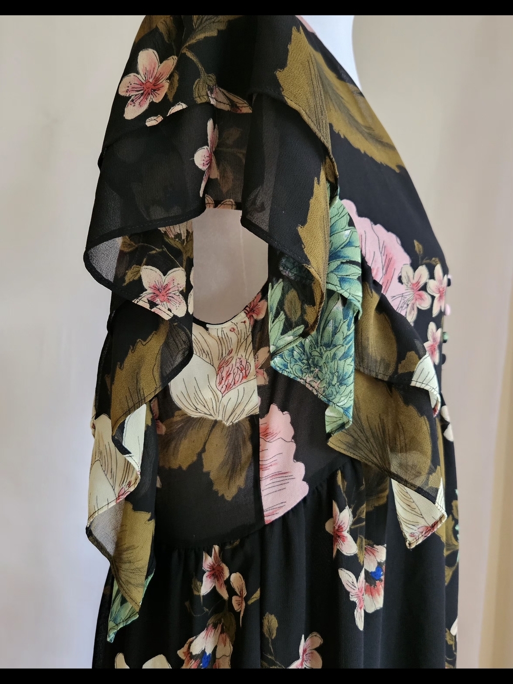 ZARA Black Tropical Floral Ruffle Tiered Maxi Dress Sz XS/S Boho Romantic - Picture 6 of 16